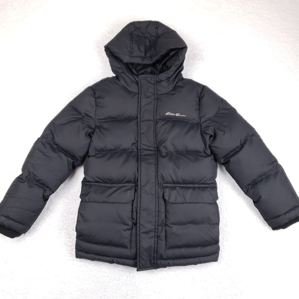 Eddie Bauer Kids Down Puffer Jacket Coat XS 5/6 Black Hooded Winter Outdoor